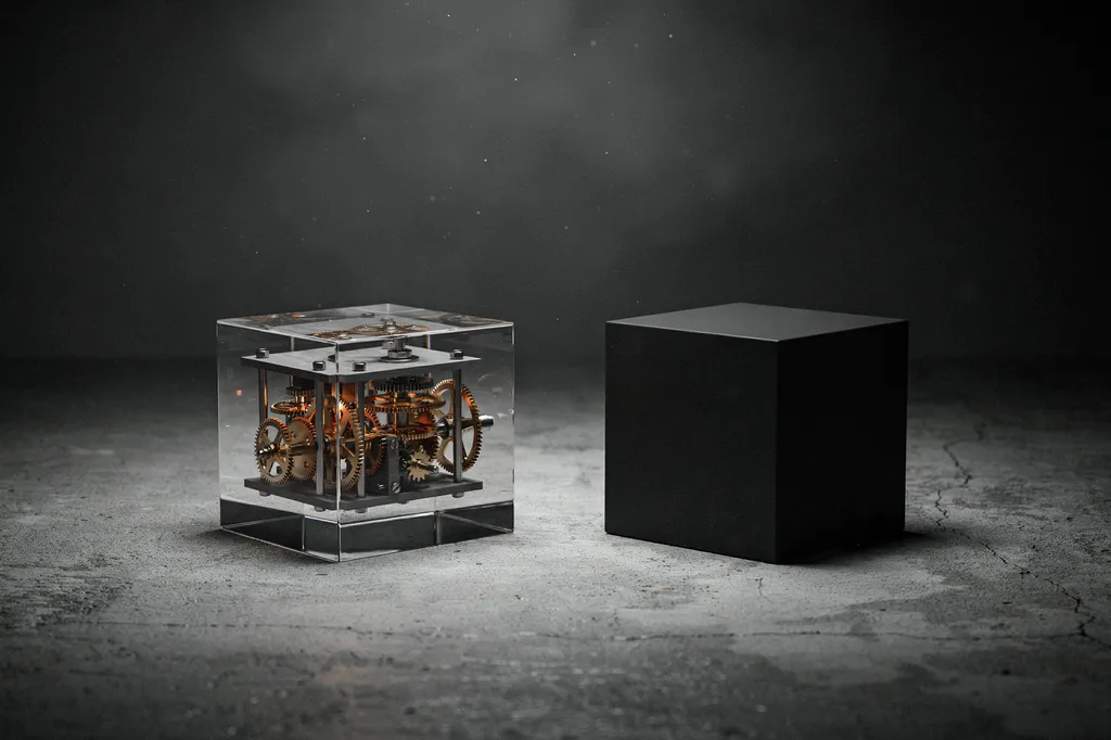 Un cubo de vidrio con sus engranajes a la vista junto a un cubo negro sellado que no deja ver nada.